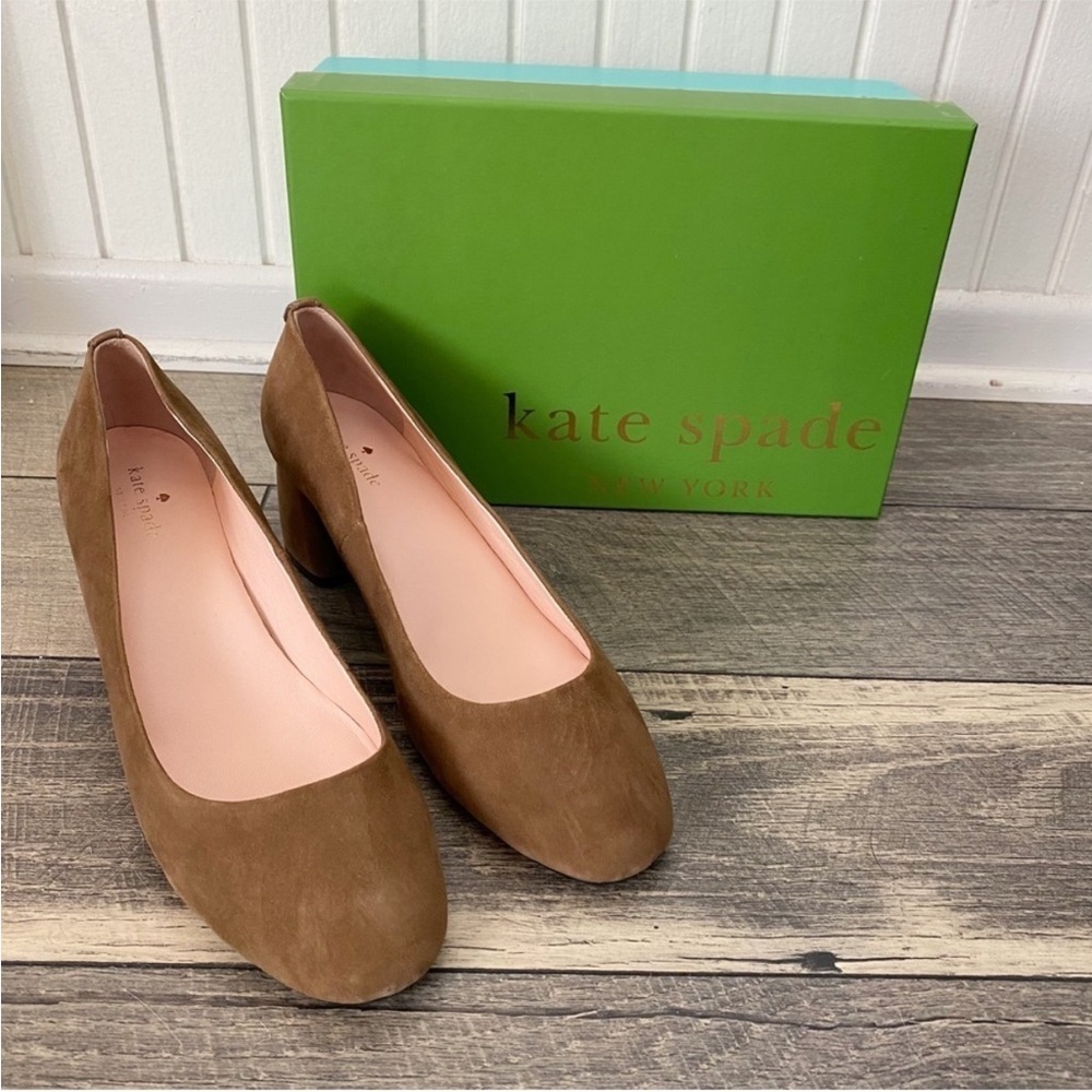 NIB Kate Spade Women’s Brown Tan Suede Beverly Pumps Block Heels Size 10.5